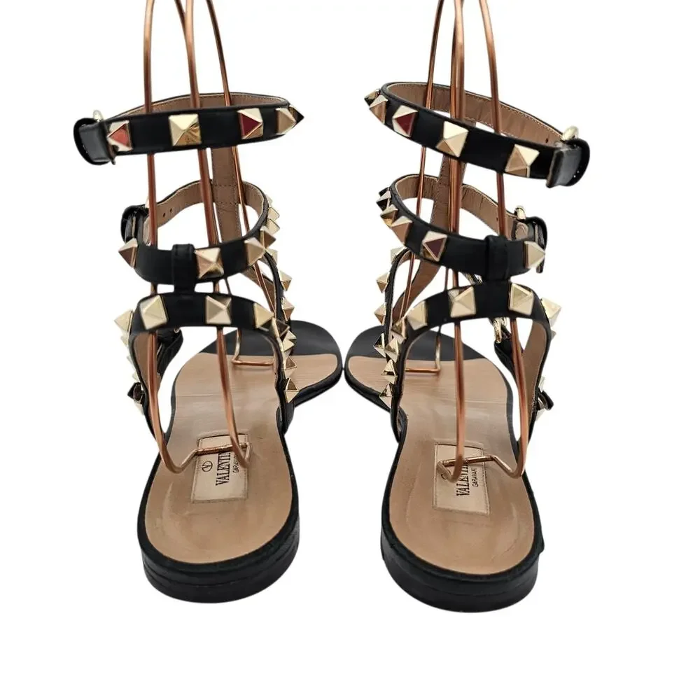Valentino Garavani Rockstud Black Leather Cage Gladiator Flat Sandal Size 39 9